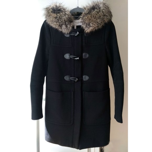 BCBG Black Hooded Wool Coat XS Detachable Realistic Faux Fur - Picture 6 of 14